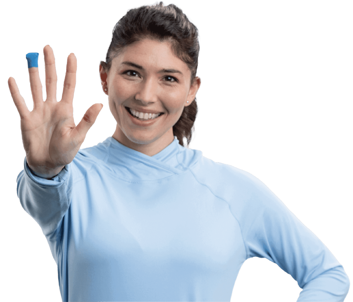 smiling patient with a small bandage on their finger after being tested by a blood test company